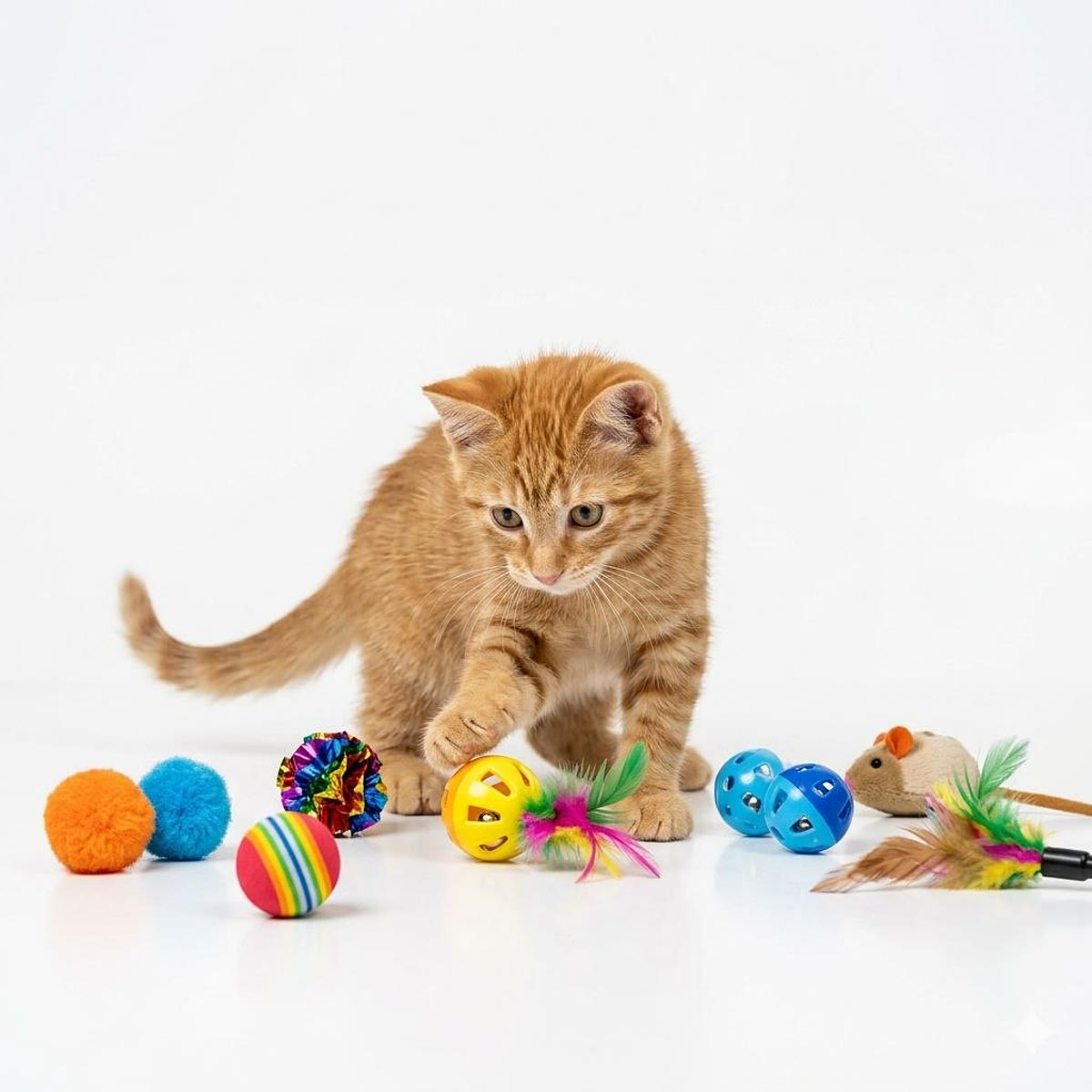 kitten comparing several colorful cat toy styles
